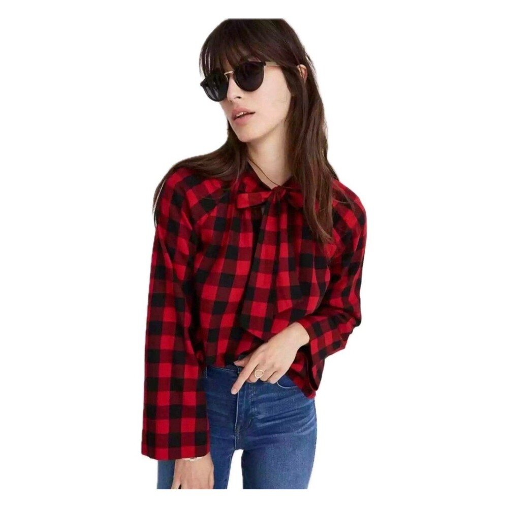 Madewell 100% Cotton Buffalo Check Checkered Gingham Tie-Neck Popover Shirt S